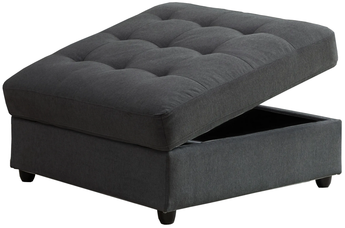 Evandale Storage Ottoman in grey with tufted top and hidden storage. Let me know if you need any tweaks or additional details!