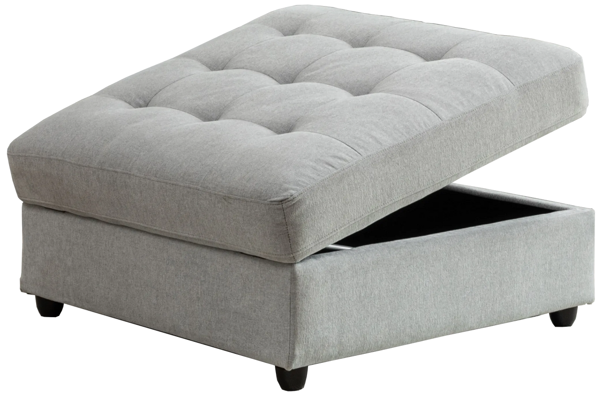 Evandale Storage Ottoman in grey with tufted top and hidden storage. Let me know if you need any tweaks or additional details!