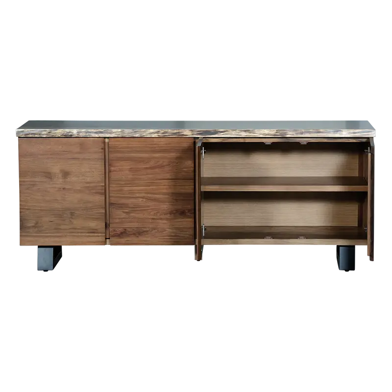 Fortitude Collection buffet, Tasmanian Blackwood buffet furniture, Rustic wood buffet, Live edge dining furniture, Natural wood grain buffet, Blackwood buffet, Unique live edge design, Organic wood buffet furniture, Handcrafted buffet, Sleek black recess cavity.