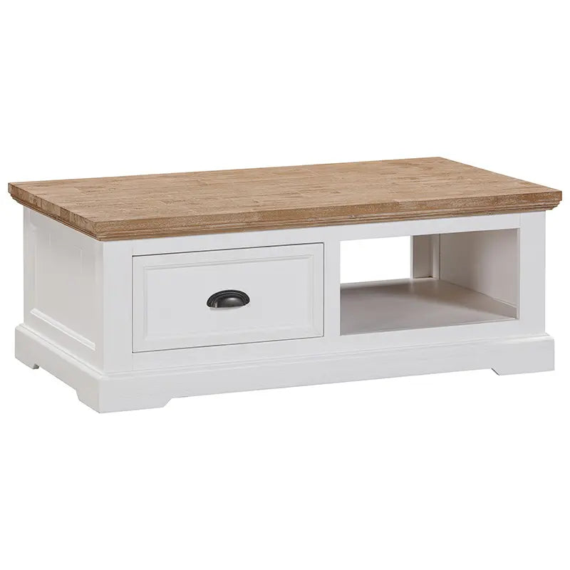 Coffee Table, Paddington collection, acacia timber, greywash finish, brushed white accents, spacious surface, elegant design, versatile furniture, living room decor.
