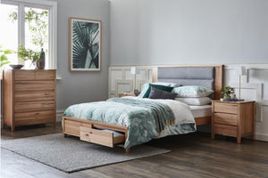 Maxwell Tasmanian Oak Bed with Padded Bedhead and Storage