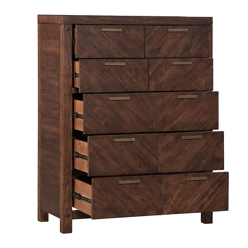 Colchester Tallboy, Parquet design tallboy, Natural wood dresser, Elegant storage solution, Luxury tallboy dresser, Space-saving bedroom furniture, Timeless tallboy design, High-quality wood furniture, Sophisticated home decor, Durable wood tallboy