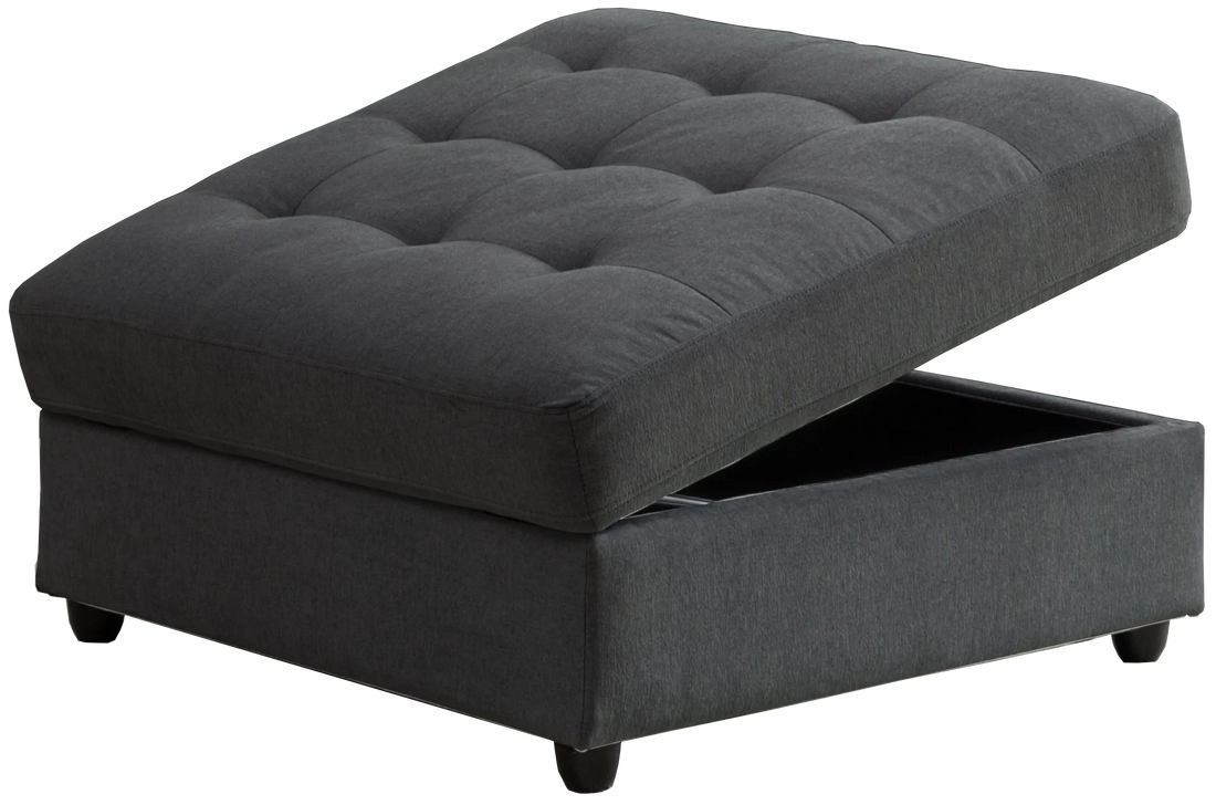 Evandale Storage Ottoman in grey with tufted top and hidden storage. Let me know if you need any tweaks or additional details!