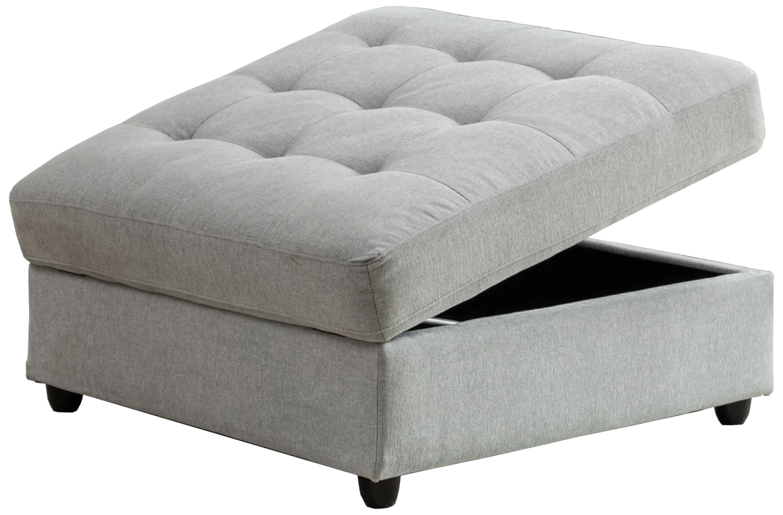 Evandale Storage Ottoman in grey with tufted top and hidden storage. Let me know if you need any tweaks or additional details!