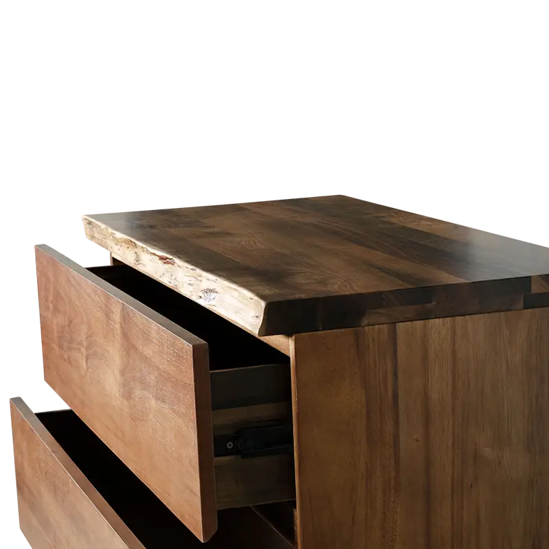 Fortitude Collection tallboy dresser, Tasmanian Blackwood tallboy furniture, Rustic wood tallboy dresser, Live edge bedroom furniture, Natural wood grain dresser, Blackwood tallboy dresser, Unique live edge design, Organic wood tallboy furniture, Handcrafted tallboy dresser, Sleek black recess cavity.