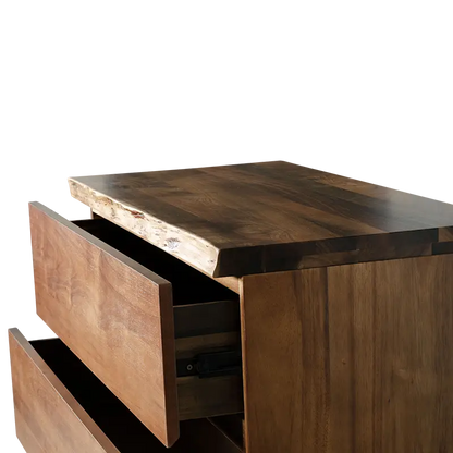 Fortitude Collection tallboy dresser, Tasmanian Blackwood tallboy furniture, Rustic wood tallboy dresser, Live edge bedroom furniture, Natural wood grain dresser, Blackwood tallboy dresser, Unique live edge design, Organic wood tallboy furniture, Handcrafted tallboy dresser, Sleek black recess cavity.