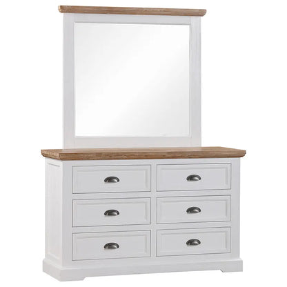 Dresser &amp; Mirror set, Paddington range, acacia timber, greywash finish, brushed white finish, VJ panelling, bedroom decor, storage solution, elegant design, versatile furniture.