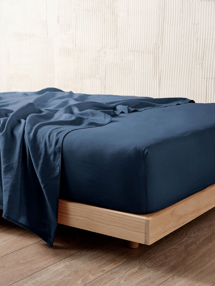 Pure Linen Nimes Navy Fitted Sheet