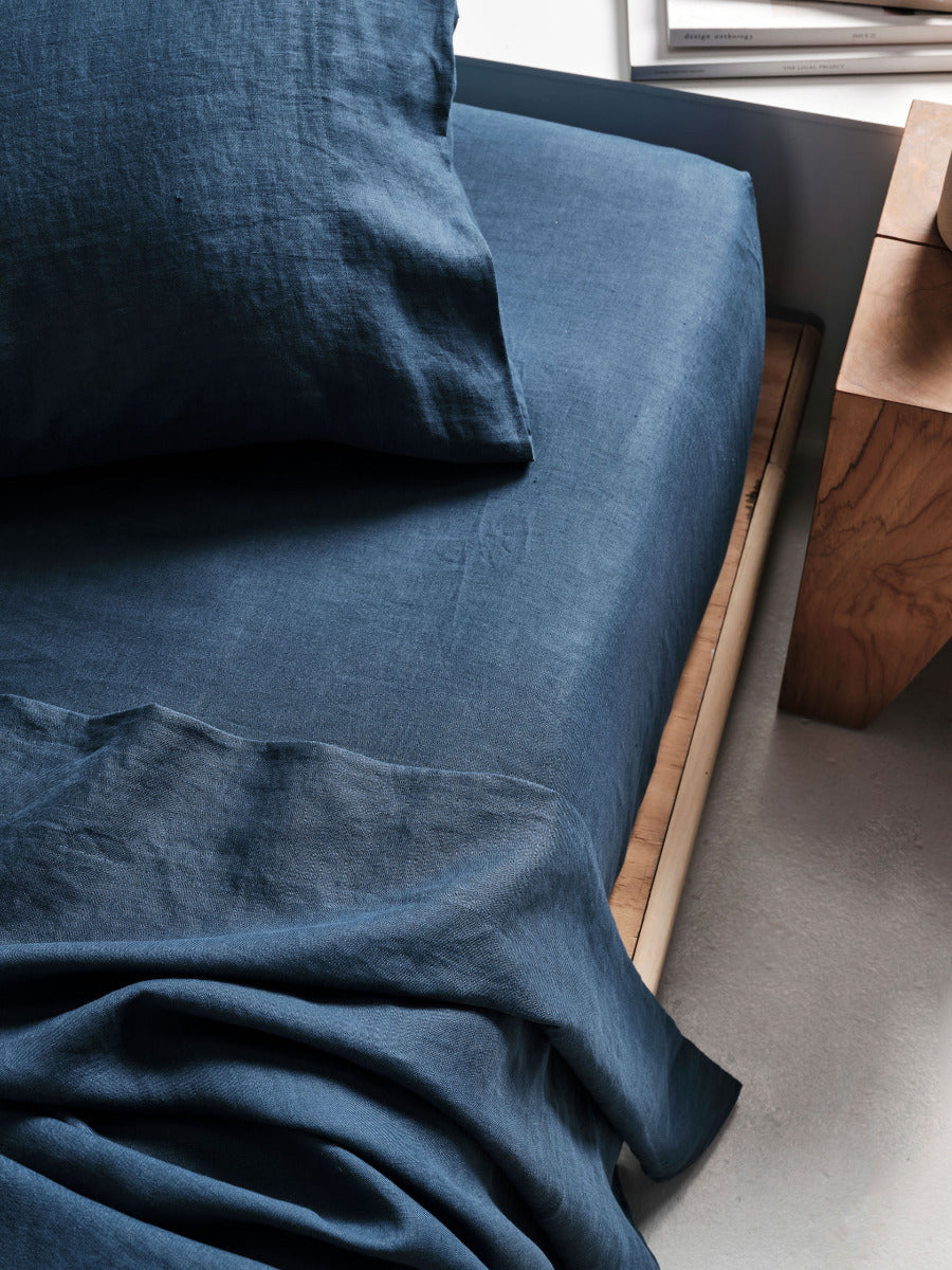 Pure Linen Nimes Navy Fitted Sheet