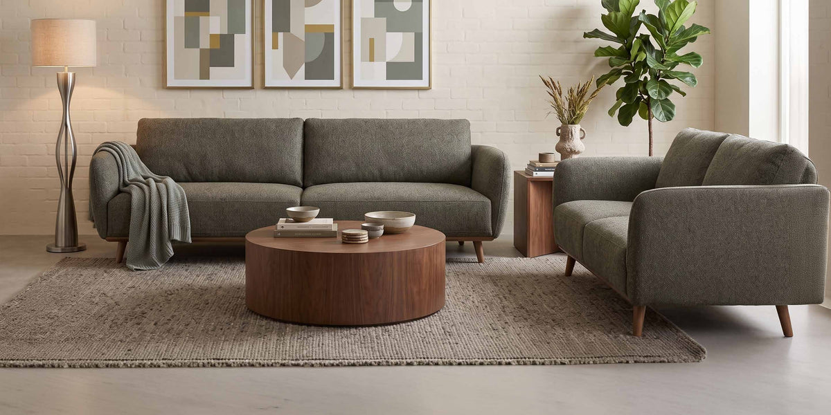 Odette olive fabric lounge in a living room